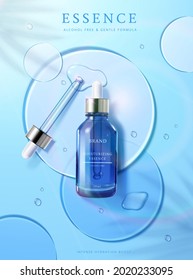 3d Face Essence Cosmetic Ad. Illustration Of Light-textured And Moisturizing Face Serum On Transparent Circle Disks