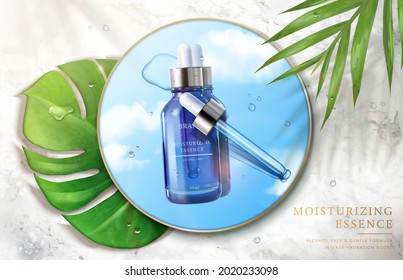 3d Face Essence Cosmetic Ad. Illustration Of Light-textured And Moisturizing Face Serum Upon Mirror Placed On A Marble Surface