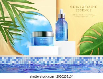 3d face essence cosmetic ad. Illustration of light-textured face cream and moisturizing essence on the podium aside swimming pool