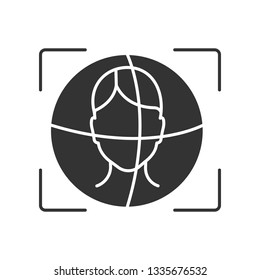 3d face ID scanner glyph icon. Silhouette symbol. Facial recognition. Identity authentication process. 360-degree face scanning. Negative space. Vector isolated illustration