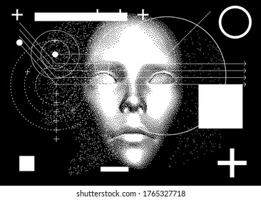 3D face in pixel art style. Conceptual illustration of Artificial intelligence.