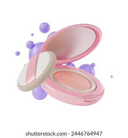 3d Face Powder in Pink Round Plastic Case with Mirror and Sponge Cartoon Design Style Isolated on a White Background. Vector illustration