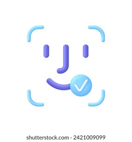 Ilustración de reconocimiento de cara 3D con marca de verificación. Concepto de reconocimiento facial, sistema de identificación facial, identificación biométrica, sistema de escaneo facial. Concepto de ciberseguridad. Vector moderno de estilo 3d