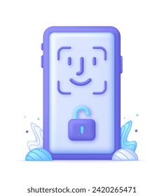 3D Face recognition illustration. Concept of facial recognition, face ID system, biometric identification, face scan system. Cyber security concept. Modern vector in 3d style