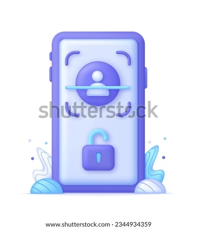 3D Face recognition illustration. Concept of facial recognition, face ID system, biometric identification, face scan system. Cyber security concept. Modern vector in 3d style.