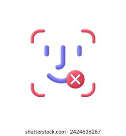 3D Face recognition illustration with cross mark. Rejected. Concept of facial recognition, face ID system, biometric identification, face scan system. Cyber security concept. Modern vector in 3d style