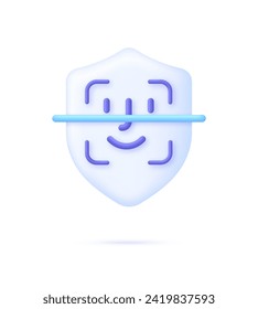 3D Face recognition illustration on shield. Concept of facial recognition, face ID system, biometric identification, face scan system. Cyber security concept. Modern vector in 3d style