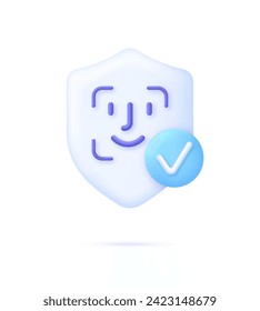 3D Face recognition illustration on shield. Concept of facial recognition, face ID system, biometric identification, face scan system. Cyber security concept. Modern vector in 3d style