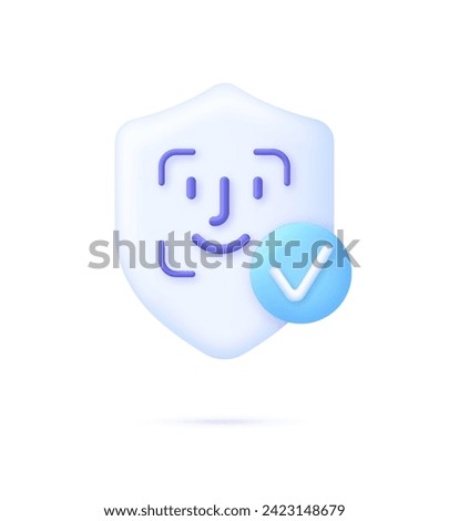 3D Face recognition illustration on shield. Concept of facial recognition, face ID system, biometric identification, face scan system. Cyber security concept. Modern vector in 3d style
