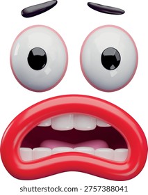 A 3D face with wide-open eyes, eyebrows, and a red, screaming mouth with teeth and tongue. Shock, surprise, scream. Facial expressions, emotions. Character creation. Vector. Plastic. Render.