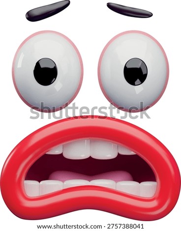 A 3D face with wide-open eyes, eyebrows, and a red, screaming mouth with teeth and tongue. Shock, surprise, scream. Facial expressions, emotions. Character creation. Vector. Plastic. Render.