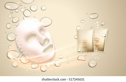 3D facial mask with sachet of collagen hydration moisturizer. Face skincare premium ad design template. Gold water, oil drops background. Vector illustration