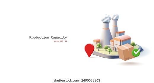 Construcción de fábrica 3D, producción, caja, icono de navegación. Para conceptos de negocio, producción de bienes, capacidades industriales. Vector