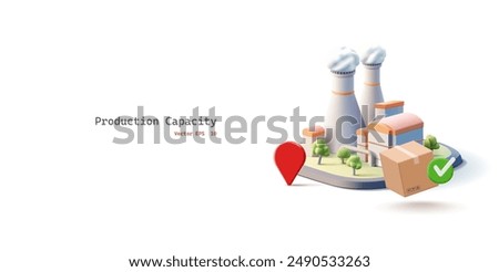3D factory building, production, box, navigation icon. For business concepts, production of goods, industrial capacities. Vector