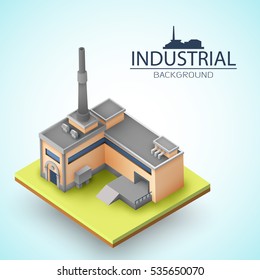 3d factory with chimney and ramp at yellow platform on white background with blue shade vector illustration