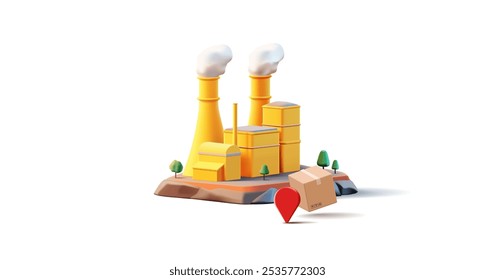 3D factory, location icon, paper box. Production and delivery of goods and products. Made in high-quality modern plants and factories. The location of the factory at the address. Vector