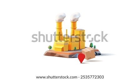 3D factory, location icon, paper box. Production and delivery of goods and products. Made in high-quality modern plants and factories. The location of the factory at the address. Vector