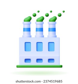 
3d factory vector icon. Illustration of a building with pipes and smoke on a white background in cartoon style. Modern industrial eco house with green energy production.