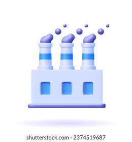 
Icono de vector de fábrica 3d. Ilustración de un edificio con tuberías y humo sobre un fondo blanco al estilo de las caricaturas. Moderna casa ecológica industrial con producción de energía verde.
