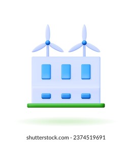 
3D-Fabrik-Vektorsymbol. Illustration eines Gebäudes mit Rohren und Rauch auf weißem Hintergrund im Cartoon-Stil. Modernes Industriehaus mit grüner Energieproduktion.