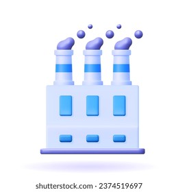 
3d factory vector icon. Illustration of a building with pipes and smoke on a white background in cartoon style. Modern industrial eco house with green energy production.