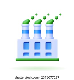 
Icono de vector de fábrica 3d. Ilustración de un edificio con tuberías y humo sobre un fondo blanco al estilo de las caricaturas. Moderna casa ecológica industrial con producción de energía verde.