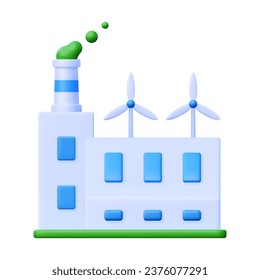 
3d factory vector icon. Illustration of a building with pipes and smoke on a white background in cartoon style. Modern industrial eco house with green energy production.