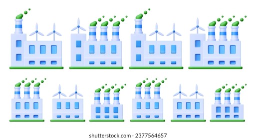 
Icono de vector de fábrica 3d. Ilustración de un edificio con tuberías y humo sobre un fondo blanco al estilo de las caricaturas. Moderna casa ecológica industrial con producción de energía verde.