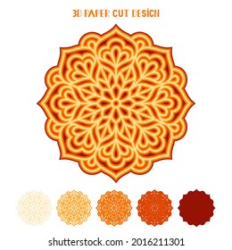 3D fall vector mandala. Zentangle with leaves. Multi layered paper cut template. Abstract lace floral element for cards, yoga, meditation, wall art. Isolated on white background. For sublimation.