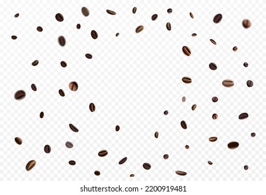 3d falling coffee beans, realistic cafe grain. Abstract seeds in cafeteria design, roasted espresso, agriculture collection. Circle frame for banner backdrop. Vector isolated background