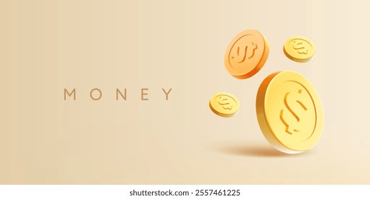 3D falling dollar coins. Banner for finance, savings, accumulation, and investment concepts. Vector illustration.