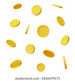 3D Falling Gold Coins Isolated. Money Rain. Render Empty Golden Coins. Growth, Income, Savings, Investment. Symbol of Wealth. Business Success. Vector illustration.