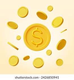 3D Falling Gold Coins Isolated. Money Rain. Round Coin with Dollar Symbol. Render Golden Coins. Growth, Income, Savings, Investment. Symbol of Wealth. Business Success. Vector illustration.