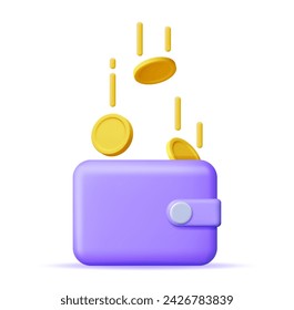 3D Falling Gold Coins and Leather Wallet. Money and Purse. Payment Exchange Concept. Render Golden Coins. Growth, Income, Savings, Investment. Symbol of Wealth. Business Success. Vector illustration.