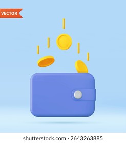 Moedas de ouro 3D e carteira de couro. Dinheiro e Bolsa. Conceito De Troca De Pagamentos. Crescimento, Renda, Poupança, Investimento. Símbolo da Riqueza. Sucesso nos negócios. renderização 3d. Ilustração vetorial