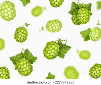 3d Falling Green hops background. Beer аlcohol beverage, hop flying with blur defocused effect Concept. Vector realistic illustration