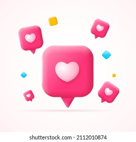 3d Falling Like Notification with Heart Shape Social Media Concept Cartoon Style Isolated on a White Background. Vector illustration