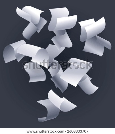 3d falling paper sheets. Sheet in different angles of view isolated on black background vector illustration