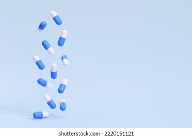 3D falling pills capsules on a blue background. Antibiotic, vitamin drugs. Vector illustration