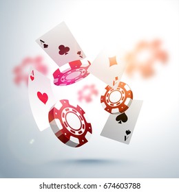 3D falling poker chips and playing cards with blurred effect. Creative Casino background.