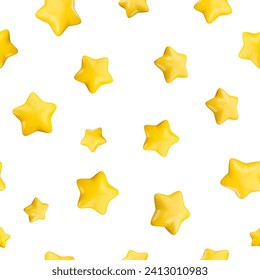 3d falling star seamless pattern. Vector gold starry sky print on white background. Cute cartoon 3d render stars background for birthday decoration, greeting card, design, game, app