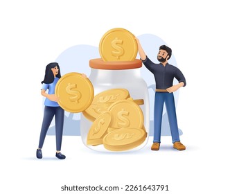 3D family couple saving money in jar. Man and woman inserting cash into glass jar 3D concept. Vector illustration for finance, deposit, economy, investment, banking, concept 3D illustration vector