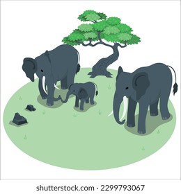 3d A family of elephants on a walk. Elephant family in nature. World Elephant Day. Design with elephant silhouette, promoting awareness, support and conservation efforts on World Elephant Day.
