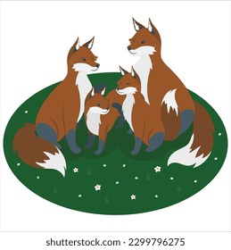 3d Family of red fox, vulpes vulpes, mother and young cub touching with noses in green summer nature. Close interaction between female adult mammal and her offspring. Animal wildlife.