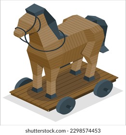3d Famous Greek trojan horse statue that is exhibited. Trojan horse color sketch engraving vector illustration. Horse wooden figure. Scratch board style imitation. Trojan Wooden Horse Ancient Greece.