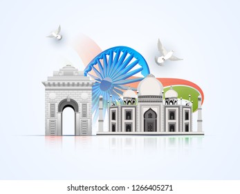 3D Berühmte Denkmäler Indiens mit Ashoka Wheel auf glänzendem Hintergrund. Kann als Reality Day Banner Design verwendet werden.