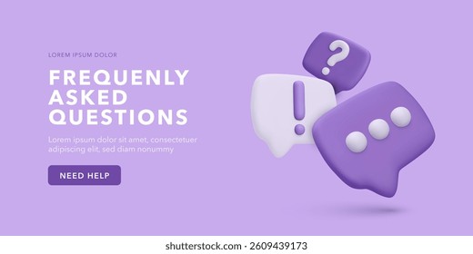 3D FAQ And Chat Icons In Speech Bubbles With Question, Exclamation, And Message Symbols On Purple Background. Perfect For Web Help Sections Or App UI. Clean Vector Illustration.