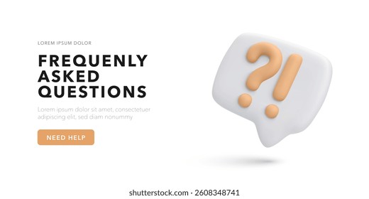 3D FAQ Icon With Question Mark In Modern Minimal Style On White Background. Perfect For Help Center, Customer Support, And UI Design Projects. Vector Illustration.