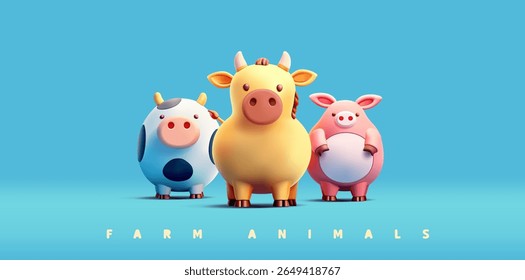 3D farm animal characters with cow, pig, horse, and bull. Cartoon funny characters. For farming concepts, branding, and natural products. Vector illustration.