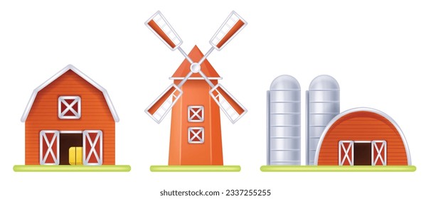 Icono de granero en 3D, portada de la casa del molino vectorial, caricatura roja silo de la construcción de la agricultura exterior. Construcción de establos de madera rural, torre de almacenamiento de granos de rancho de pueblo. Puerta del granero de granja